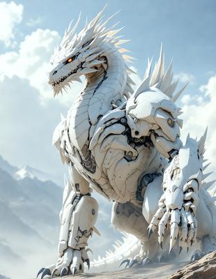Primary subject: A white dragon with a mechanical body.

Setting/background: A cloudy sky.

Visual style: Digital art.

Colors and mood: The dragon has a white and grey color scheme, giving it a mechanical and futuristic appearance. The cloudy sky adds a sense of mystery and drama to the scene.